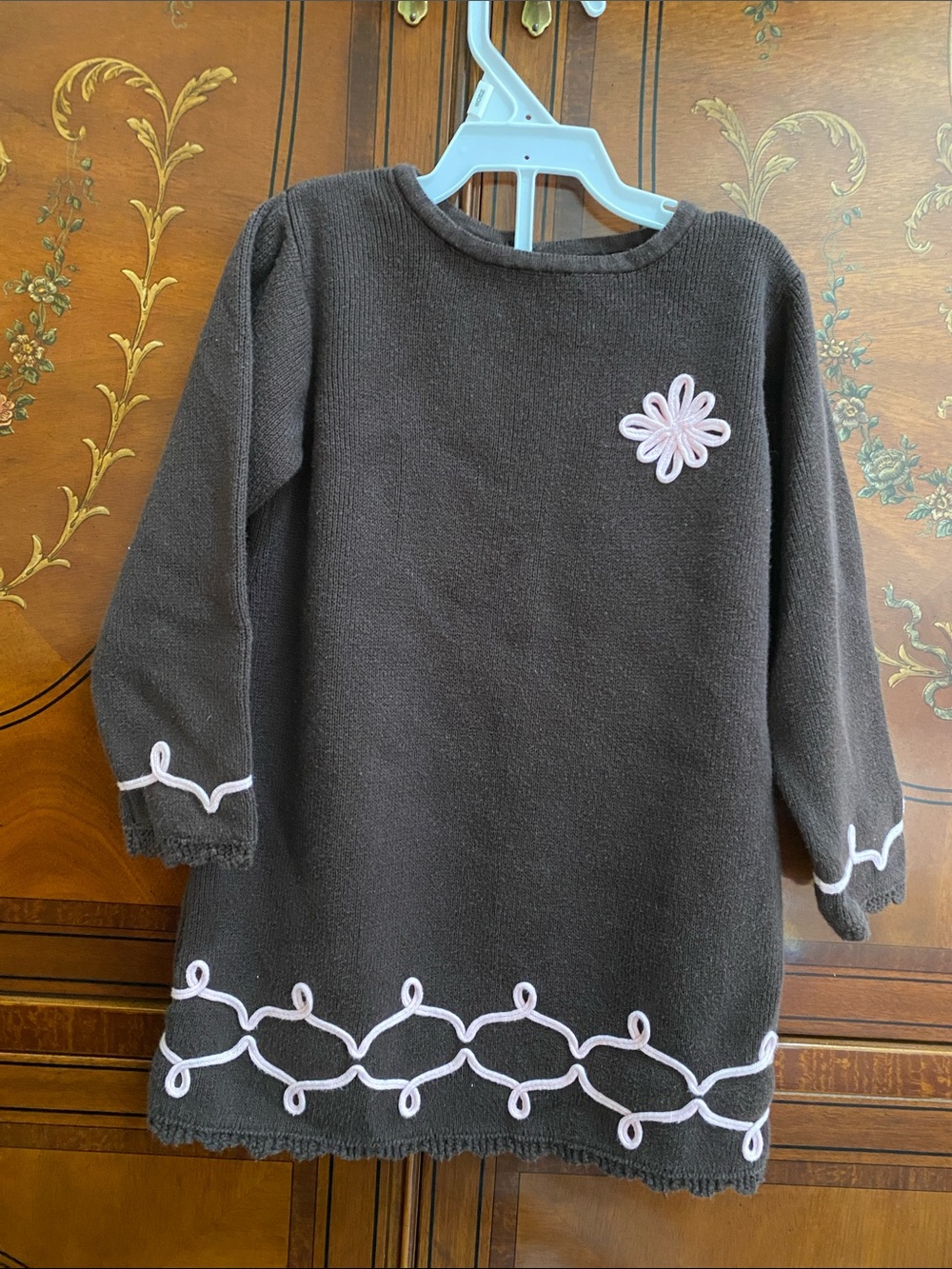 Brown Knit Baby Dress with Pink Flower Accent